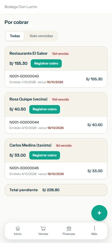 Pantalla Por cobrar con tres clientes, sus documentos, vencimientos y el botón Registrar cobro