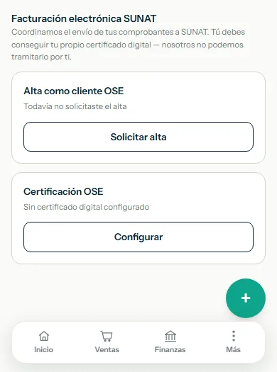 Tarjeta Certificación OSE que dice Sin certificado digital configurado, con el botón Configurar