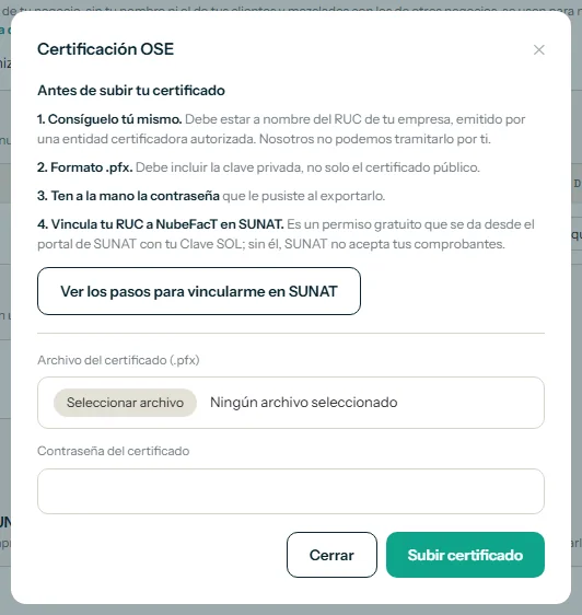 Ventana Certificación OSE con los cuatro requisitos antes de subir el certificado