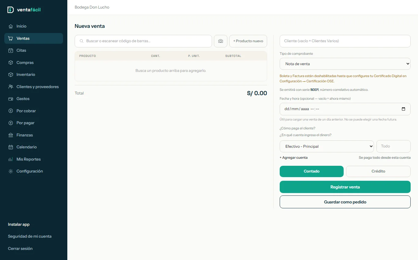 Nueva venta con el aviso de que Boleta y Factura están deshabilitadas hasta configurar el Certificado Digital