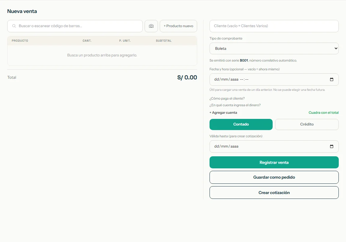 Nueva venta con los botones Guardar como pedido y Crear cotización